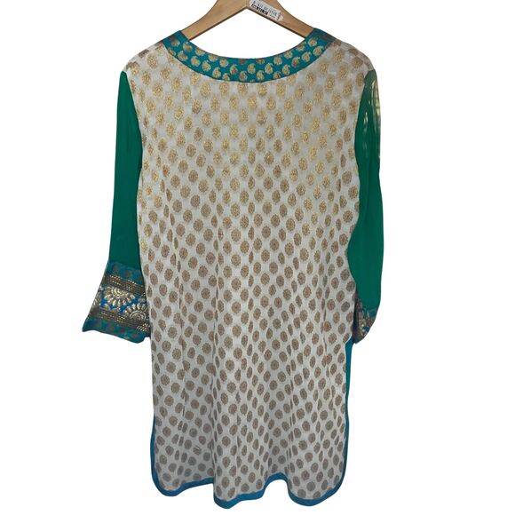 Fuchsia Designs Embroidered Kurta Tunic XXL White Teal Gold Brocade NWT - Picture 9 of 9